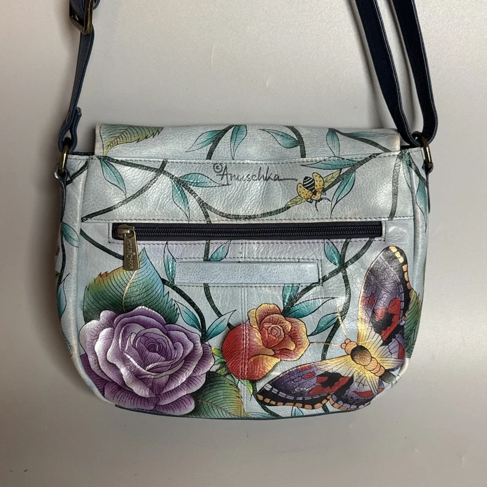 Anuschka Hand Painted‎ Floral Butterfly Leather Shoulder Bag Blue Bug Insect